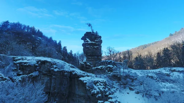 冬の森とブルガリアで奇妙な岩の形成の空中写真 — ストック写真