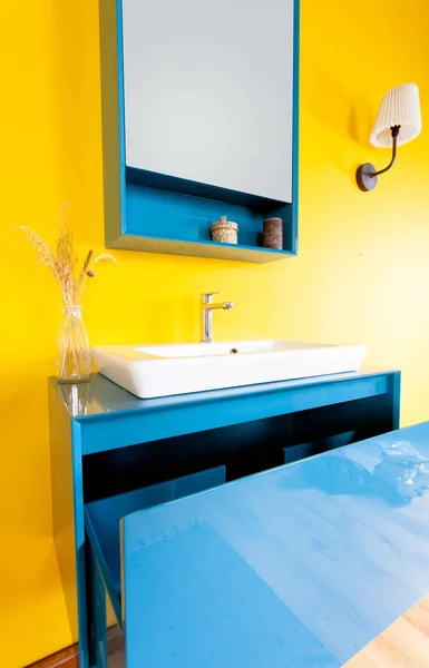 Modern Bathroom Details Sink Furniture Yellow Background — Stock Photo, Image
