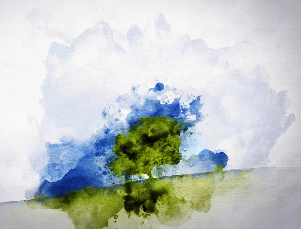Abstrakte isolierte Landschaft Hintergrund in Aquarell gemalt, einzelne Baum spalashed Tapete — Stockfoto