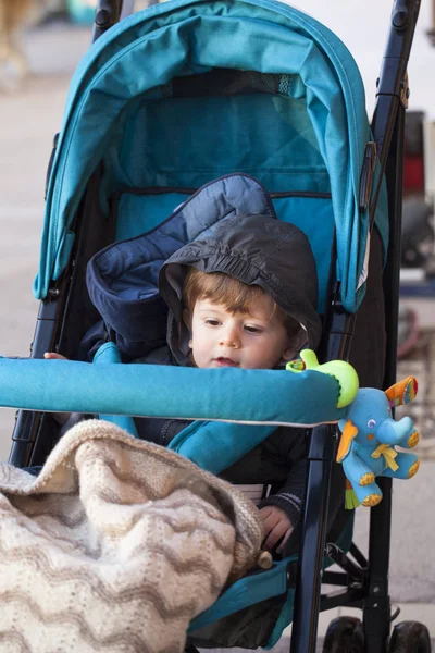 Little Boy Stroller City Street Imagen De Stock