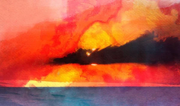 Abstract oil painting of sunset over sea on canvas. Rich golden sunset over ocean.Panorama.Modern Impressionism — Stock Photo, Image