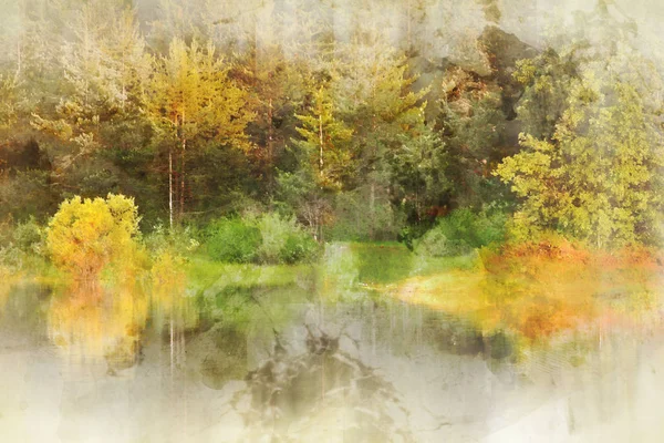 Watercolor landscape. In the autumn forest creek flows — Stock Photo, Image