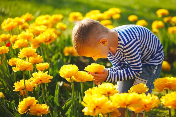 Kleine jongen met bloemen — Stockfoto