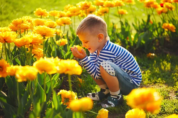 Kleiner Junge mit Blumen — Stockfoto