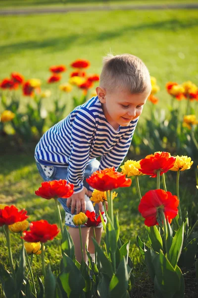 Niño pequeño con flores — Foto de Stock