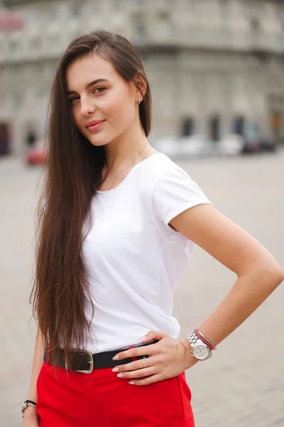 Retrato de hermosa morena con el pelo largo —  Fotos de Stock