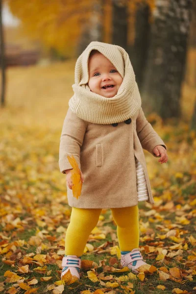 Schattig gelukkig meisje in herfst park — Stockfoto