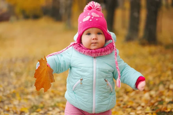 Roztomilý šťastná dívka v podzimním parku — Stock fotografie