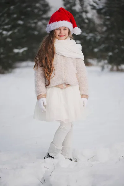 Little happy beautiful girl in winter forest — Stock Photo, Image