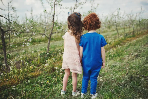 Malý chlapec a dívka v rozkvetlé zahradě — Stock fotografie