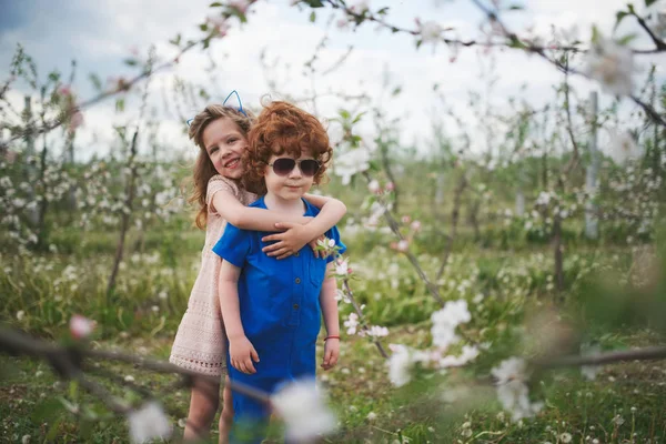 Niño y niña en el jardín floreciente — Foto de Stock