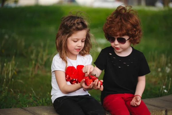 Engraçado menino e menina partilha de morango — Fotografia de Stock