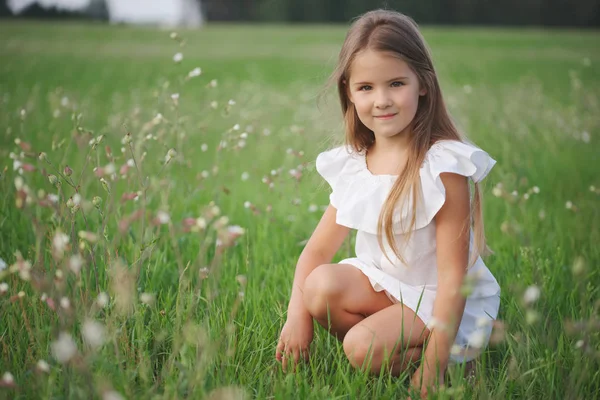 Счастливая маленькая девочка с длинными волосами — стоковое фото