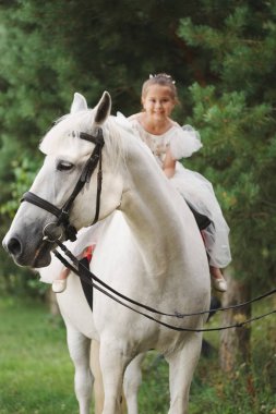 ormanda beyaz at üzerinde mutlu küçük prenses