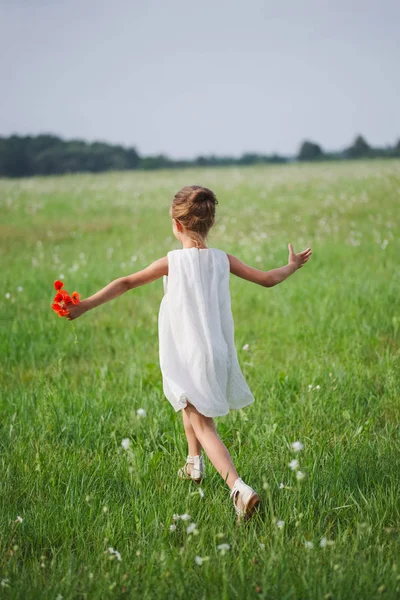 Kleines Mädchen mit Mohn im Sommerfeld — Stockfoto