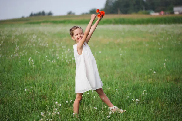 Μικρό κορίτσι με παπαρούνα στο γήπεδο του καλοκαιριού — Φωτογραφία Αρχείου