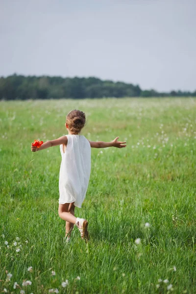 在夏季领域与罂粟的小女孩 — 图库照片