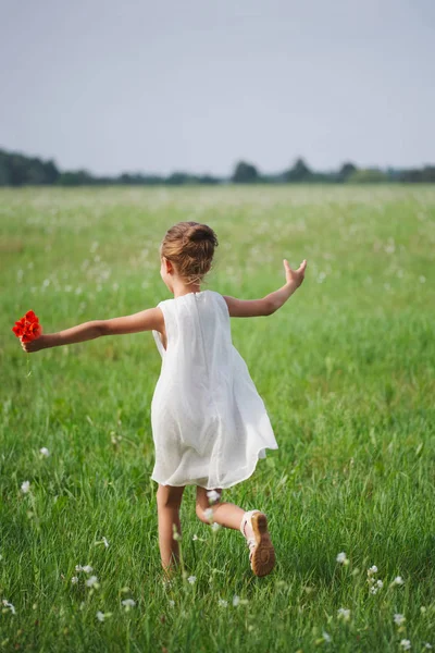 Маленькая девочка с маком в летнем поле — стоковое фото