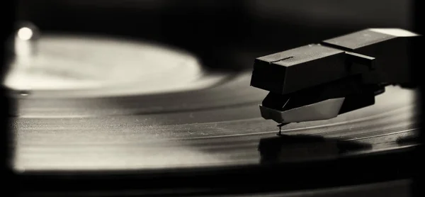 Macro Old Vinyl Record Player Black White — Stock Photo, Image