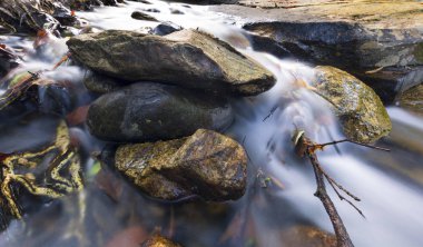 Küçük bir şelalenin manzarası bir kayanın üzerine dökülüyor.