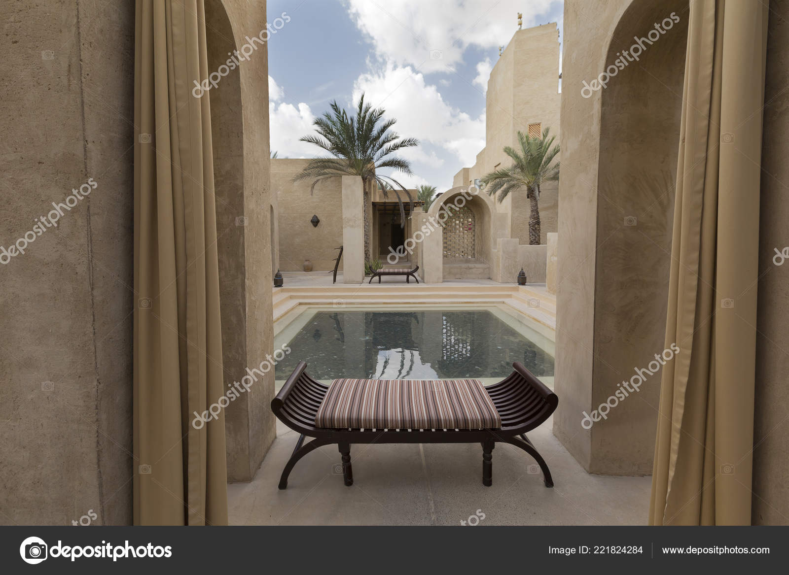 Swimming Pool Hotel Dubai Bench Palm Trees Stock Photo