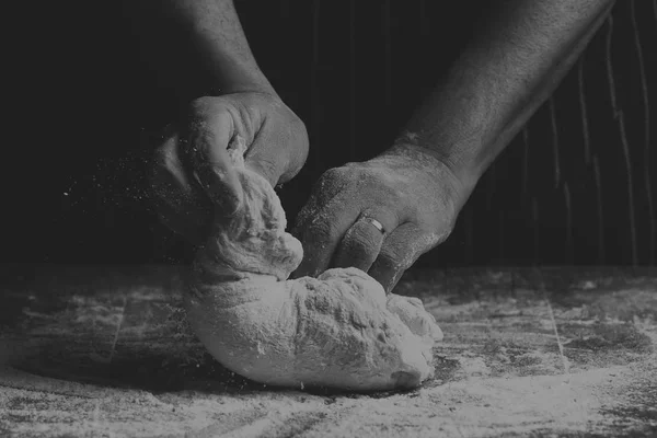 Man Apron Kneading Ball Dough Wooden Board Hand Artistic Conversion — Stock Photo, Image