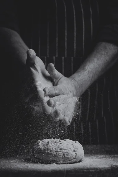 Flour Sprinkled Ball Dough Wooden Board Hand Artistic Conversion — Stock Photo, Image