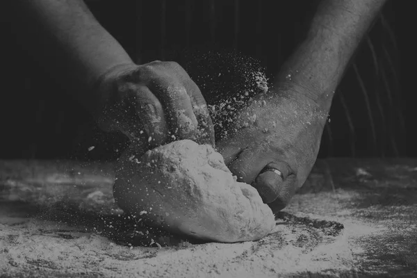 Man Apron Kneading Ball Dough Wooden Board Hand Artistic Conversion — Stock Photo, Image