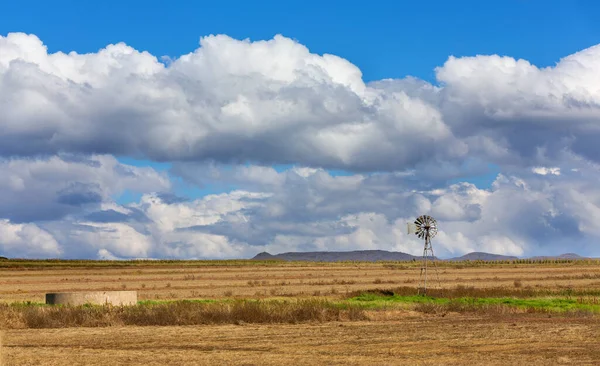白い雲と青い空の風車と畑の風景 — ストック写真