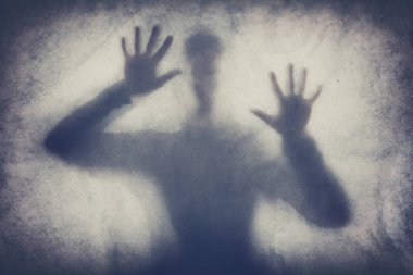 Tek renkli sanatsal dönüşümlü arka ışıklandırması olan, çarşafın arkasında korkmuş bir kadın kavramı