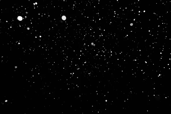 Textura Tormenta Nieve Luces Bokeh Sobre Fondo Negro Plano Copos — Foto de Stock