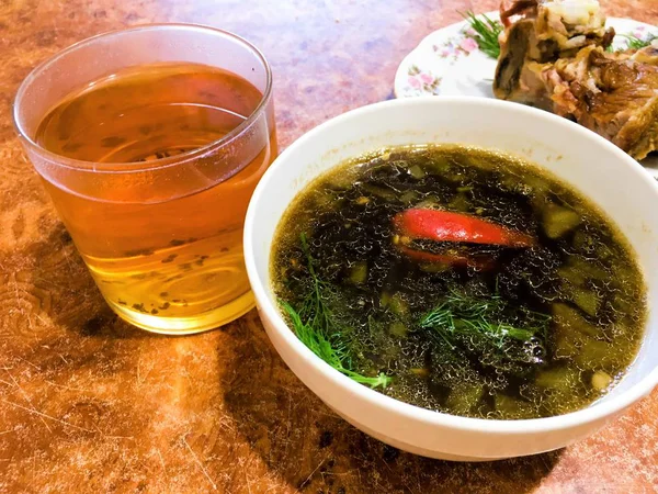 Bouillon Soupe Avec Farine Poivre Viande Thé — Photo