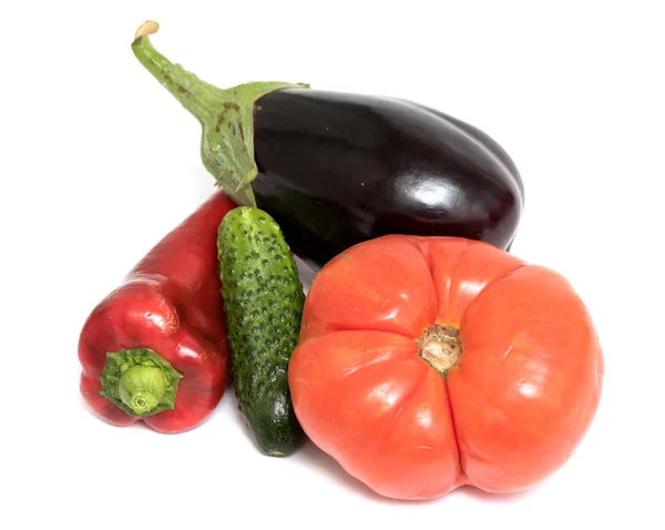 Tomat Aubergine Gurka Vit Bakgrund — Stockfoto