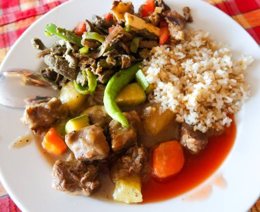 bir tabak pirinç et sebze gıda