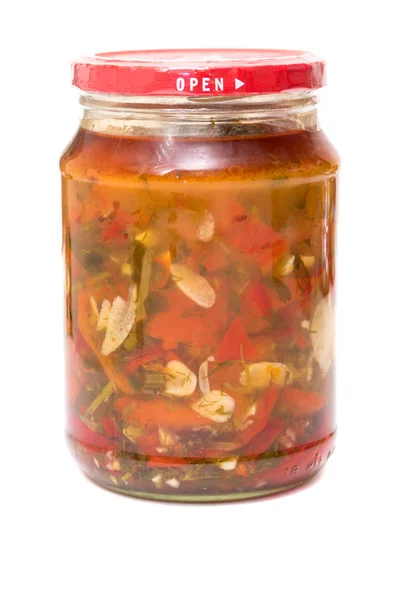 Bell Pepper Lecho Jar White Background — Stock Photo, Image