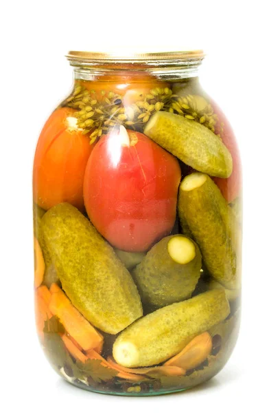 Pickled Cucumbers Tomatoes Glass Jar — Stock Photo, Image
