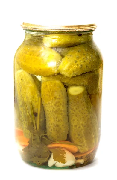 Cucumbers Glass Jar White Background — 图库照片