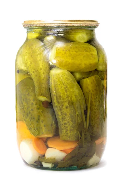 Cucumbers Glass Jar White Background — Φωτογραφία Αρχείου