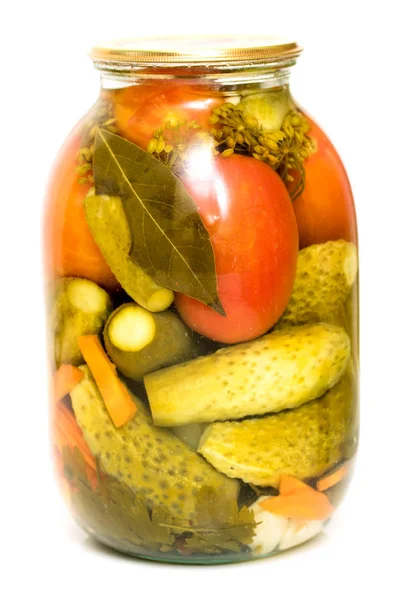 Pickled Cucumbers Tomatoes Glass Jar — Stock Photo, Image