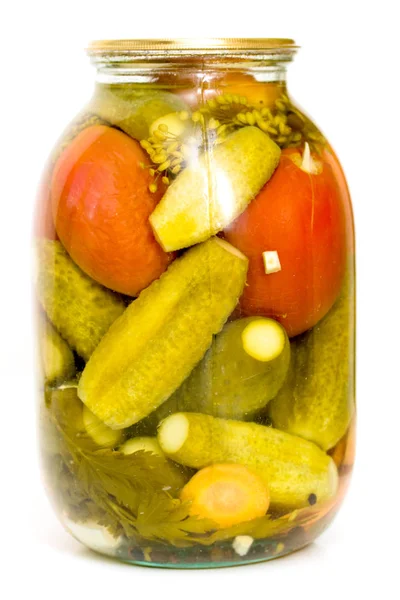 Pepinos Escabeche Con Tomates Frasco Vidrio — Foto de Stock