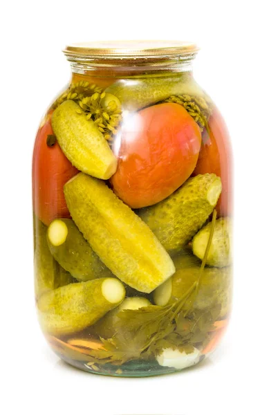 Pickled Cucumbers Tomatoes Glass Jar — Stock Photo, Image