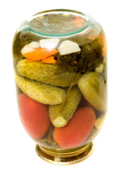 Gepekelde Komkommers Met Tomaten Een Glazen Pot — Stockfoto