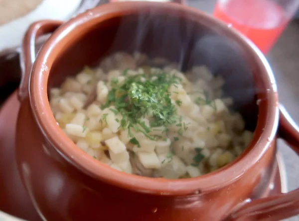 Repas Dans Une Casserole Argile Gros Plan — Photo