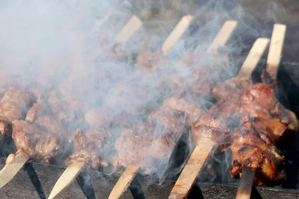 Spieße Fleisch Auf Holzspießen — Stockfoto