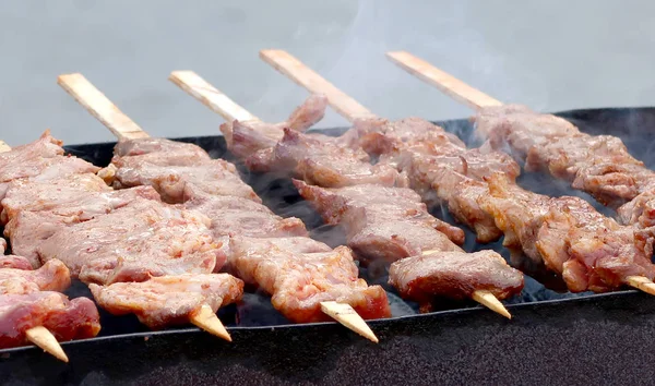 Spieße Fleisch Auf Holzspießen — Stockfoto