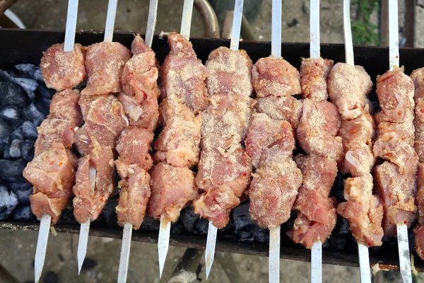 Espetos Carne Espetos São Cozidos Carvão Vegetal — Fotografia de Stock