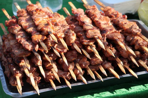 Marinated Shashlik Preparing Barbecue Grill Charcoal — Stock Photo, Image