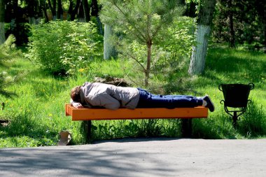 Adam bir bahar parkta bir bankta uyuyan