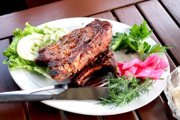 Meat Steak Plate Fork Knife — Stock Photo, Image