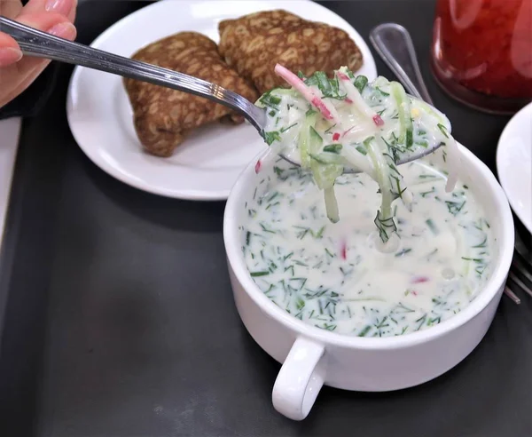 Cold soup okroshka, food